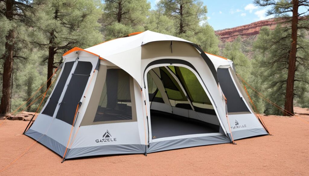 Gazelle tent with ventilation features