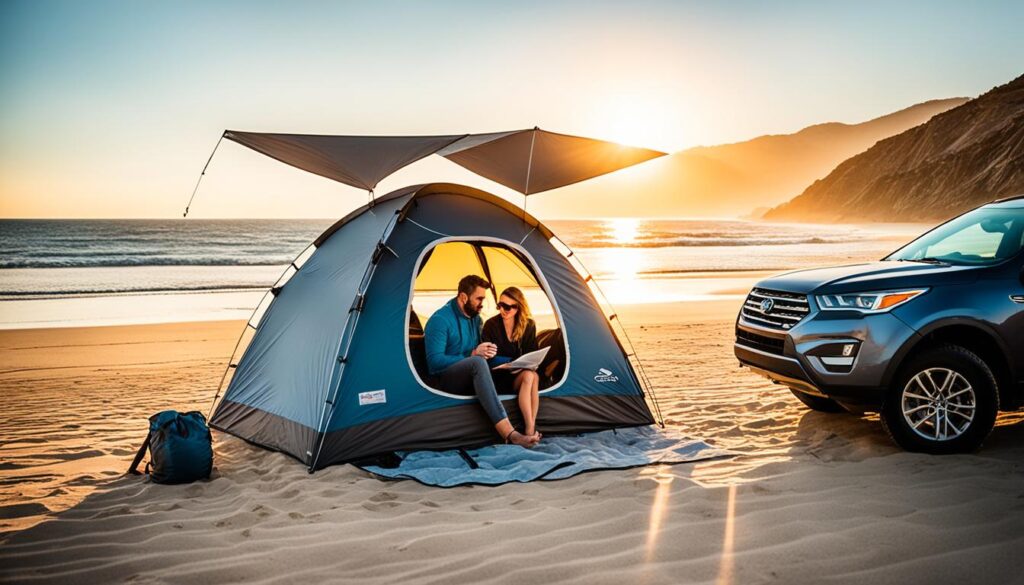 setting up SUV tent on beach